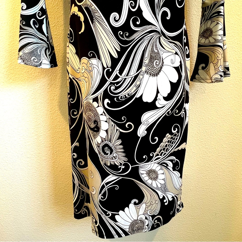 Glamour women black white tan floral midi dress trumpet sleeve round neck Sz 8 - Picture 5 of 16